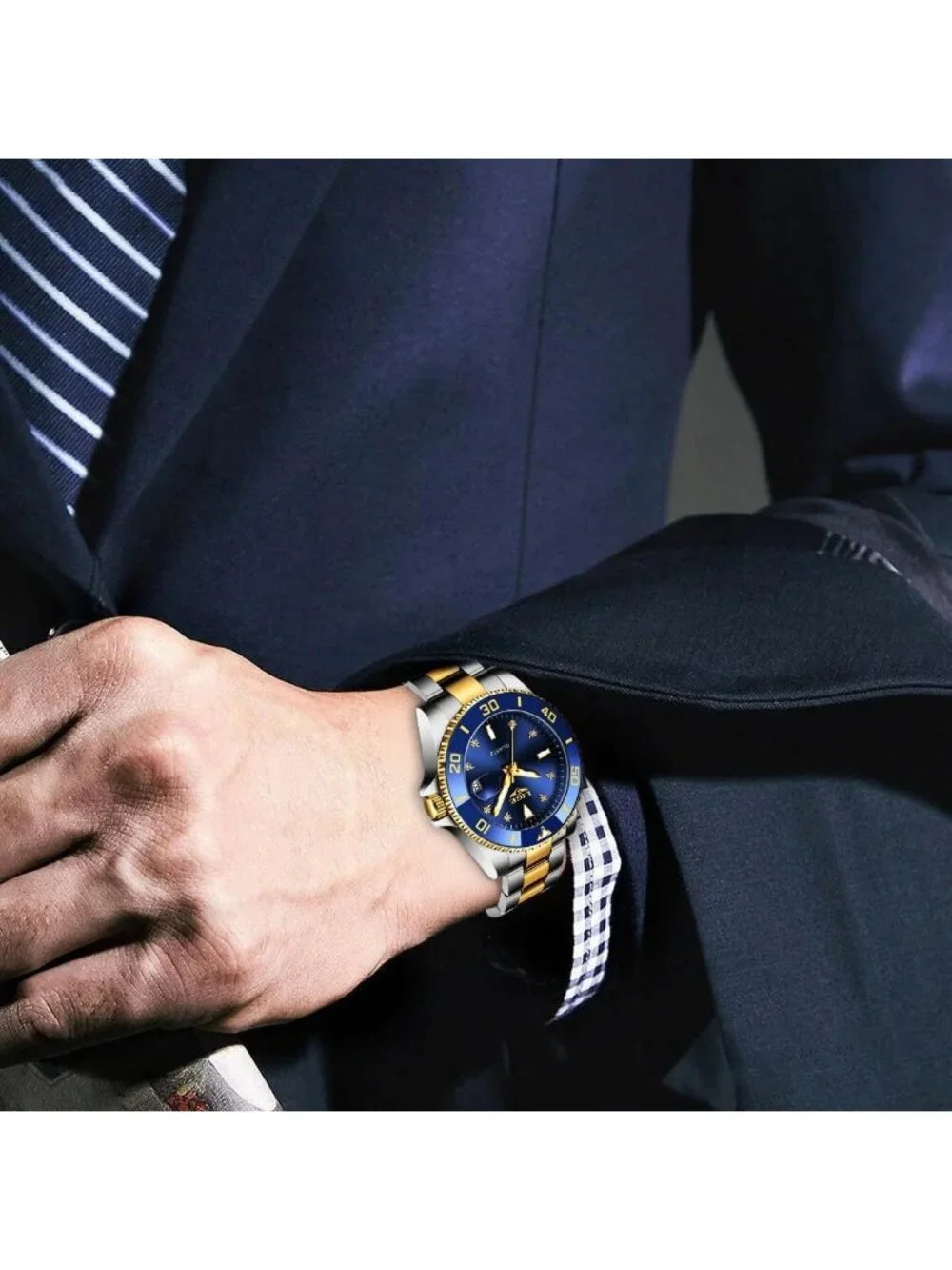 Men's Silver Gold Blue Quartz Analog Stainless Steel Waterproof Date Wristwatch